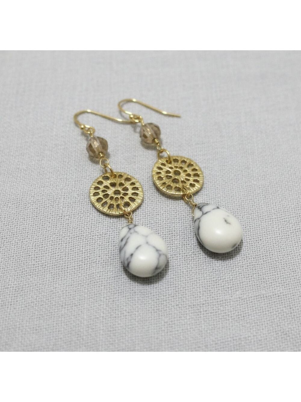 Mia Handmade Boho White & Black Beaded Faux Marble Stone Dangle Hook Earrings
